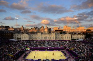 “Men's Beach Volleyball, 2012 London Olympics, the Horse Guards Parade Ground,” Aug. 1, 2012. Photo by Donald Miralle, © Donald Miralle. Courtesy of the photographer