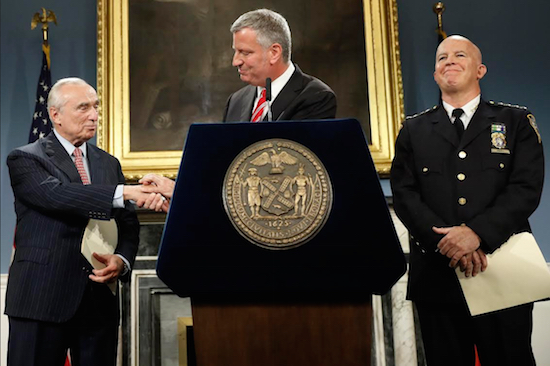 James “Jimmy” O'Neill (right) will replace Bill Bratton (left) as police commissioner. Also pictured is Mayor Bill de Blasio. AP Photo/Mary Altaffer
