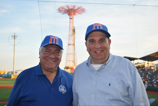 President Hon. Frank Seddio (left), Executive Director Avery Eli Okin and the Brooklyn Bar Association recently went to Coney Island where a group of 100 attended a Brooklyn Cyclones game. Eagle photos by Rob Abruzzese