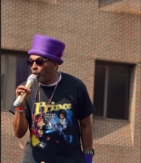 Spike Lee speaks at a block party he held this past April as a tribute to Prince. AP Photo/Shoun A. Hill