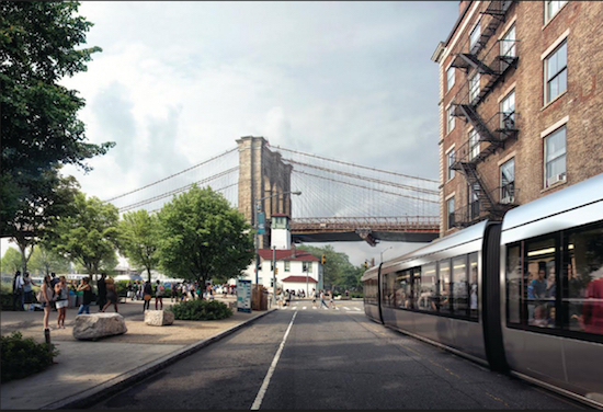The BQX passes through DUMBO. Rendering courtesy of Friends of the BQX