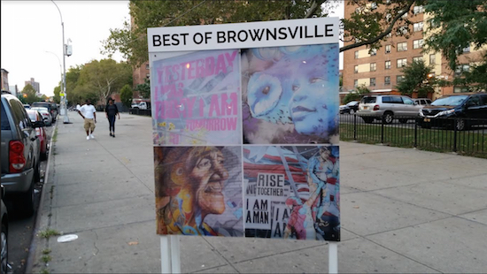 A kiosk at the corner of Livonia and Rockaway avenues in Brownsville depicts a mural featuring locally produced artwork. Eagle photos by James Harney