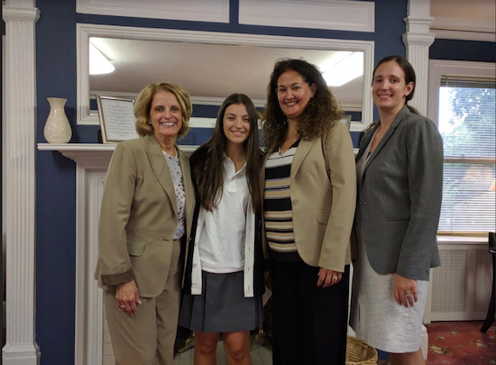 Isabella Grillo (second from left) receives congratulations from Associate Principal Gilda T. King, Principal Mary Ann Spicijaric and Assistant Principal Lauriann Wierzbowski (left to right) after learning that she has been named a Commended Student. Photo courtesy of Fontbonne Hall Academy