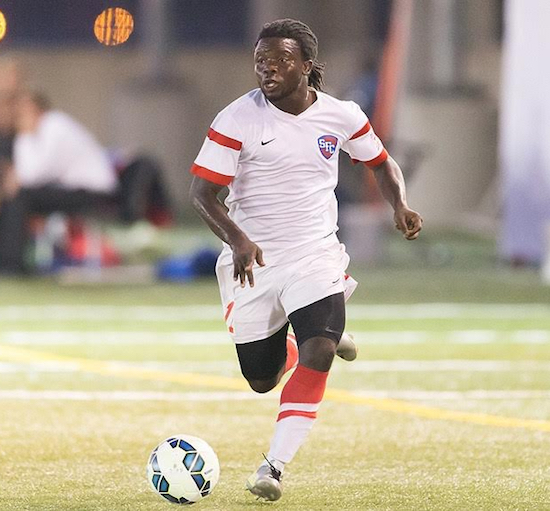 Senior Yussuf Olajide celebrated his 22nd birthday with a game-winning goal in double overtime Wednesday evening as SFC Brooklyn edged visiting NJIT, 2-1, at Brooklyn Bridge Park. Photo courtesy of St. Francis College