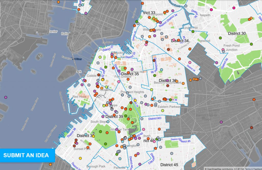 Each dot represents a project thought up by a Brooklyn resident to improve their community. Some of these ideas will be funded in this year’s round of Participatory Budgeting, but the deadline to submit ideas is looming. Map courtesy of NYC Council Participatory Budgeting and OpenStreetMap