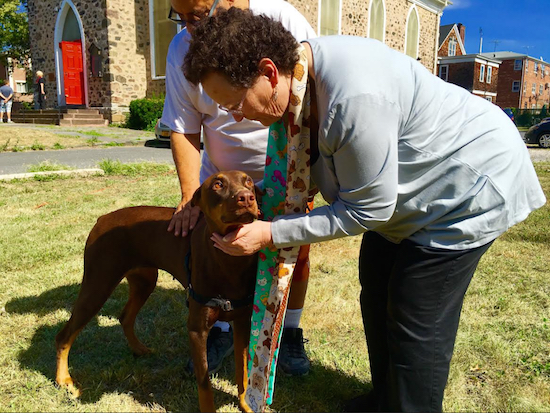 Pastor E.J. Emerson, right, blesses Scarlett the Doberman Pinscher, whose owner, Frank Russo, brought the dog to New Utrecht Reformed Church. Eagle photos by Lore Croghan