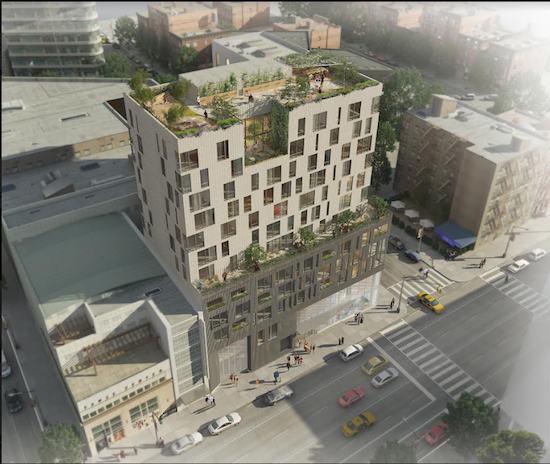 This rendering depicts the Caesura, a Brooklyn Cultural District development. Rendering by Dattner Architects and Bernheimer Architecture