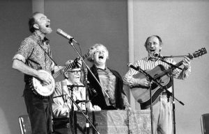 The Weavers are pictured in 1980, performing at a 25th anniversary reunion concert at Carnegie Hall. From left: Pete Seeger, Lee Hays, Ronnie Gilbert and Fred Hellerman. AP Photo/Richard Drew, File