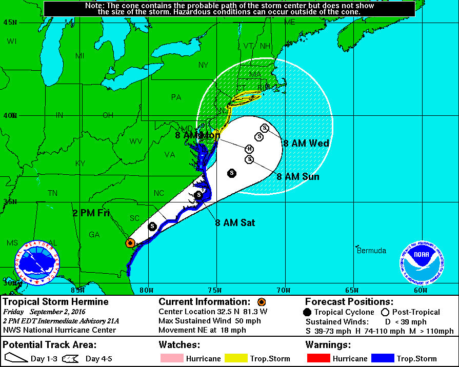 This map shows the predicted 5-day track of Tropical Storm Hermine. Courtesy of the National Weather Service