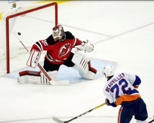 Islander hopeful Anthony Beauvillier scored the game-winning goal in the third period of Wednesday night’s 3-2 victory over the Devils in Newark, N.J. AP photo