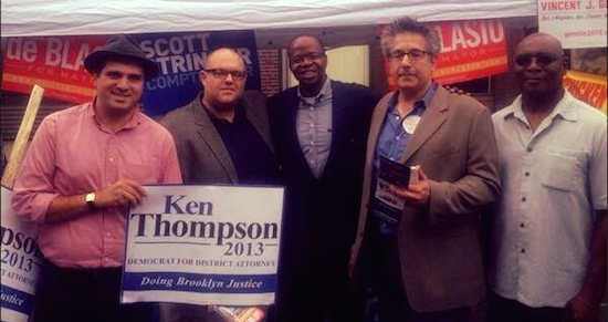 The late Ken Thompson (center) was praised by leaders of the Bay Ridge Democrats as a fierce civil rights leader. Pictured with Thompson are Andrew Gounardes, Justin Brannan, David Marangio and Fred Leopold-Hooke (left to right). Photo courtesy of Bay Ridge Democrats