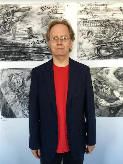 Welcome to Gowanus Open Studios 2016. Here's one of the 350-plus participating artists, Dale Williams, with some of his thought-provoking charcoal drawings. Eagle photos by Lore Croghan