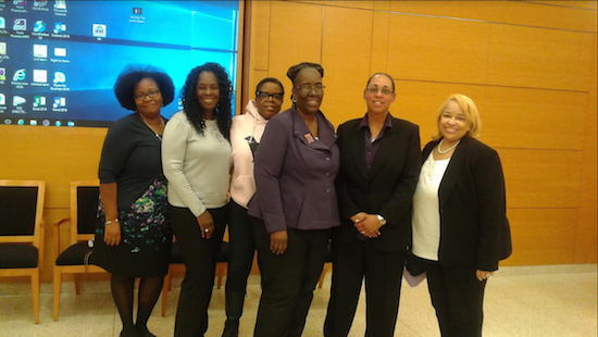 The Supreme Court of Kings County hosted a Domestic Violence Awareness Workshop that featured a pair of speakers who discussed domestic violence at the courthouse. Pictured from left: Toshia McKnight, Leah Richardson, Hon. Robin Sheares, Gladys B. Pipkins, Monica S. Lee and Hon. Deborah Dowling. Photo courtesy of the Kings County Supreme Court
