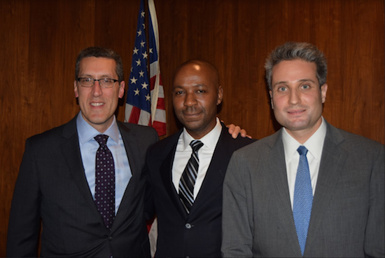 The Kings County Criminal Bar Association hosted a CLE session on the "Handling of Federal Arraignments" during its monthly meeting on Thursday. Pictured from left: KCCBA President Michael Farkas with CLE presenters Michael O. Hueston and Allon Lifshitz. Eagle photos by Rob Abruzzese