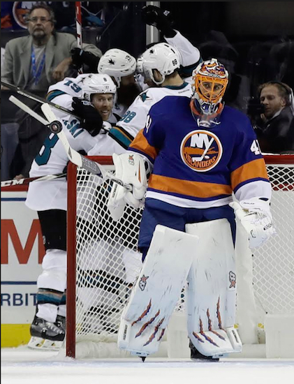 Jaroslav Halak made 24 saves, but couldn’t stop Joe Pavelski’s game-winner at Barclays Center on Tuesday night as the Islanders suffered a 3-2 loss to the defending Western Conference champion San Jose Sharks. AP photo