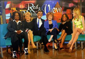The art show features works by HeartShare clients. An artist known as Amoako B. painted this lively portrait of the cast the ABC’s “The View” with President Barack Obama. Photo courtesy of HeartShare Human Services of New York