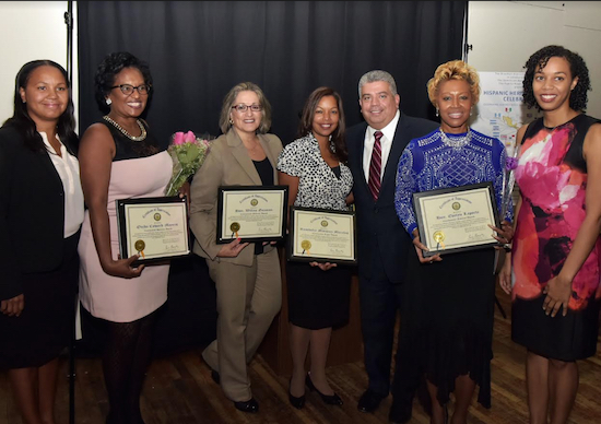 The Brooklyn DA’s Office continued its tradition of honoring Hispanic members of the New York City legal community during its recent third annual Hispanic Heritage Month celebration. Pictured from left: Maritza Mejia-Ming, Oninda Mayers, Hon. Wilma Guzman, Rosevelie Marquez Morales, Acting District Attorney Eric Gonzalez, Hon. Evelyn Laporte and Queenie Paniagua. Photos courtesy of the Brooklyn DA’s Office