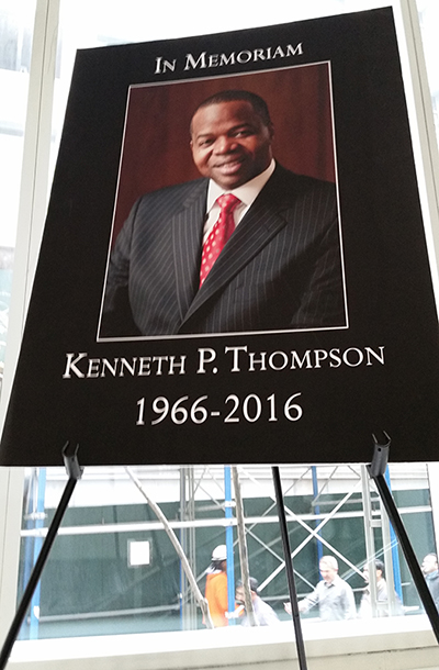 The In Memoriam display for the late Brooklyn District Attorney Kenneth Thompson in the lobby of the DA'S offices at 350 Jay St. in Downtown Brooklyn. Eagle photo by James Harney