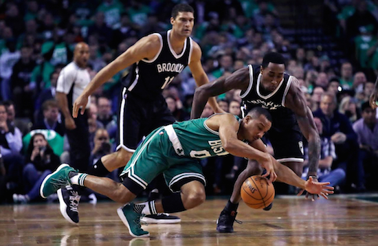 Brook Lopez appeared to be a step behind the rest of the Nets during Wednesday’s Opening Night loss in Boston. AP photo