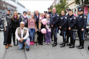Breast Cancer Program Director Dr. Patrick Borgen (first from left) and Vice Chair of the Maimonides Board of Trustees and Chair of the Cancer Center Advisory Board Erminia Rivera (second from left) were joined by state Sen. Marty Golden (sixth from left), NYPD Highway Patrol officers, breast cancer survivors and supporters at the Maimonides Ride 2 Live.  Photos courtesy of Maimonides Medical Center