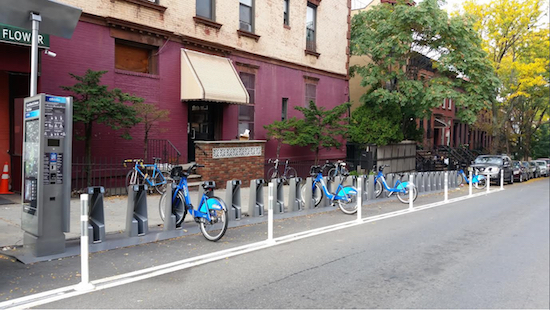 A Citi Bike dock recently installed on Carroll Street at Fifth Avenue in Park Slope accommodates 30 bike docks and displaces at least five legal parking spaces on the south side of the street. Eagle photos by James Harney