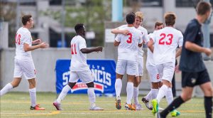 St. Francis Brooklyn celebrates its second straight shutout win and sole possession of first place in the Northeast Conference following Sunday’s 3-0 blanking of Fairleigh Dickinson at Brooklyn Bridge Park. Photo courtesy of SFC Brooklyn Athletics
