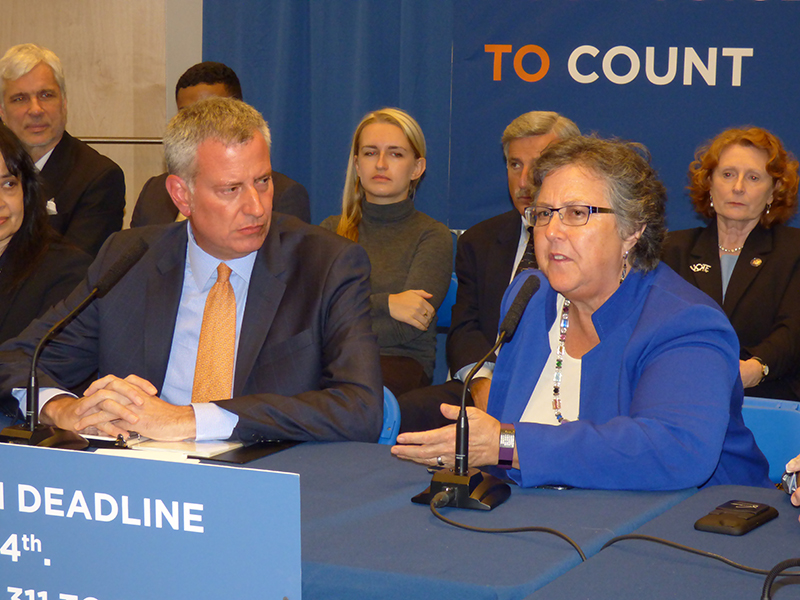 Mayor Bill de Blasio on Thursday proposed new laws allowing early voting and other reforms to make voting easier in New York State. Pictured with him is Susan Lerner, executive director of the good government group Common Cause. Photo by Mary Frost