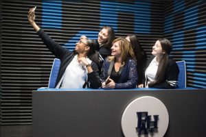 Broadcast legend Maria Bartiromo and a group of Fontbonne Hall Academy students take a selfie at the news anchor desk. Photos by Loren Wohl/AP Images for Fontbonne Hall Academy