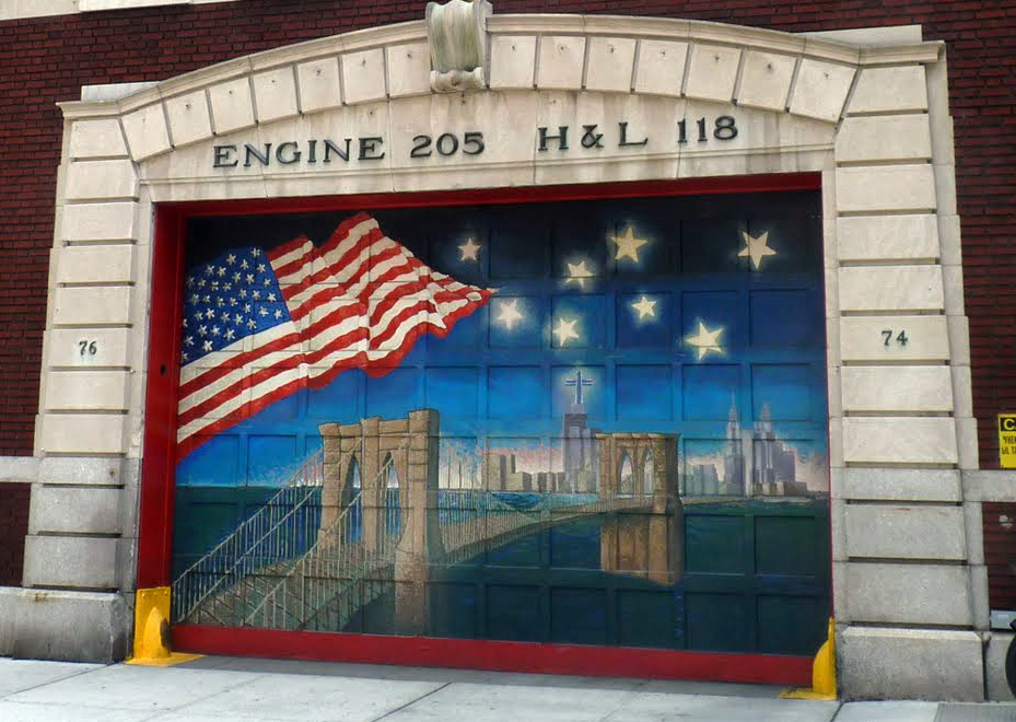 The famous mural on the doors of the Engine Co. 205 and Hook and Ladder 118 fire station in Brooklyn Heights is being sent to the 9/11 Memorial Museum.  Photo by MK Metz, courtesy of McBrooklyn.com.