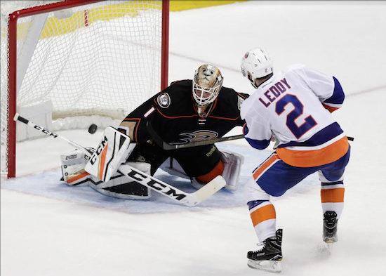 Nick Leddy scored in the 14th round of the shootout Tuesday night in Anaheim to lift the Islanders to their first road win of the year. AP photo