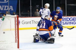 Ryan Callahan beats Jaroslav Halak with 22 seconds remaining in the opening period, helping Tampa Bay resume its mastery of the Islanders since last year’s playoffs. AP photo