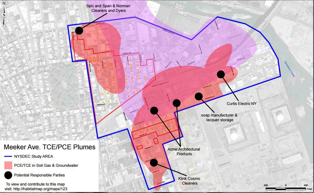 This map, issued by HabitatMap, shows the areas affected by the Meeker Avenue Plume and potential responsible parties. Map courtesy of HabitatMap