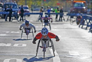 Wheelchair competitors enter Brooklyn from the Verrazano-Narrows Bridge. Eagle photos by Andy Katz