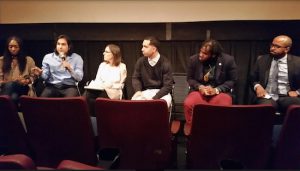 Panelists, from left, Rolake Bamgbose, Janos Marton, Judy Doctoroff O'Neill, Ismael Nazario, Cadeem Gibbs and Rev. Andrew Wilkes field questions from Brooklyn clergy members after a screening of the new documentary "Rikers" at Brooklyn Academy of Music. Eagle photos by James Harney