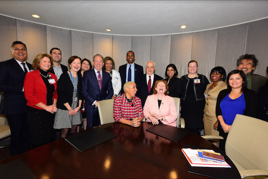 From left: The Brooklyn Hospital Center VP John Gupta, Senior VP Katherine Schleider, Senior VP Joan Carney-Clark, CEO Gary Terrinoni, Emergency Department Clinical Chair Dr. Sylvie De Souza, Laurie Cumbo, Walter T. Mosley, Joseph Lentol, Jo Anne Simon, Chief of Patient Safety and Quality Officer Dr. Vasantha Kondamudi, Chief Nursing Executive Mary Ann Healy-Rodriquez, Dr. Loretta Patton-Greenidge and screenwriter and one-time TBHC patient David Henry Hwang.