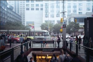 A rendering of the BQX running through Downtown Brooklyn near the Jay Street-MetroTech subway station. Rendering courtesy of Friends of BQX