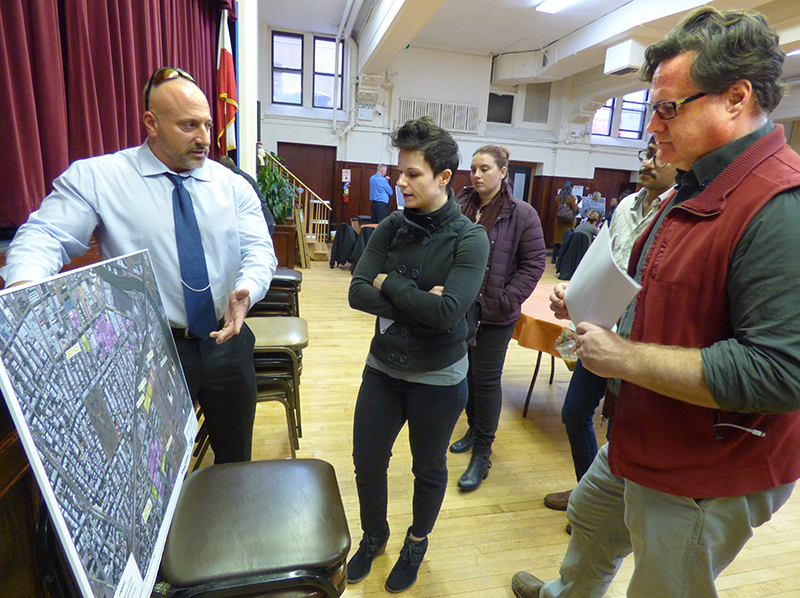 David Harrington, the state Department of Environmental Conservation’s senior environmental engineer, discusses the progress of the Meeker Avenue Plume study in Greenpoint. Among those attending were (center) Emily Mijatovic, the director of community affairs for Assemblymember Joseph Lentol and (right) Ben Solotaire, assistant to Councilmember Stephen Levin. Photo by Mary Frost