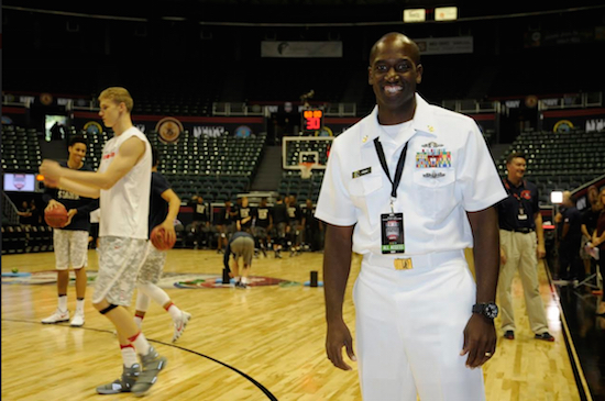 Chief Petty Officer Joel Cesar, pictured at a basketball game, says current assignment in the Pacific Fleet “keeps me on the tip of the spear.” Photo courtesy of U.S. Navy