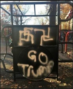 Vandals painted swastikas and a pro-Trump message in Adam Yauch Park in Brooklyn Heights after the election. Photo courtesy of state Sen. Daniel Squadron’s office