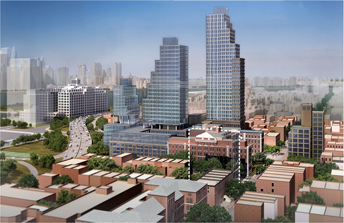 Fortis Property Group filed plans with the city to build a 17-story tower and a 15-story tower on  two sites at the former Long Island College Hospital in Cobble Hill. Rendering by FXFOWLE Architects