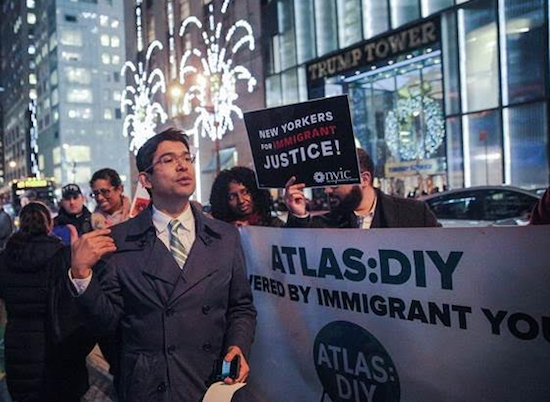 Councilmember Carlos Menchaca leads a gathering outside Trump Tower on Tuesday. Photo by William Alatriste