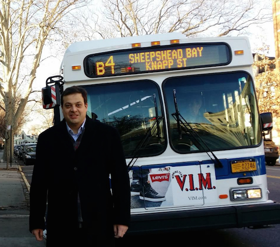The riding public should not have to pay a fare increase, says John Quaglione, who is pictured at a B4 bus stop on Bay Ridge Parkway. Picture courtesy of Quaglione