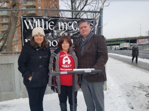 Community activist Liam McCabe, along with Community Board 10 District Manager Josephine Beckmann (left) and Willie McCabe Memorial board member Nanci Roden is urging Brooklyn residents to volunteer for HOPE, the city’s annual count of the homeless. Photo courtesy of McCabe