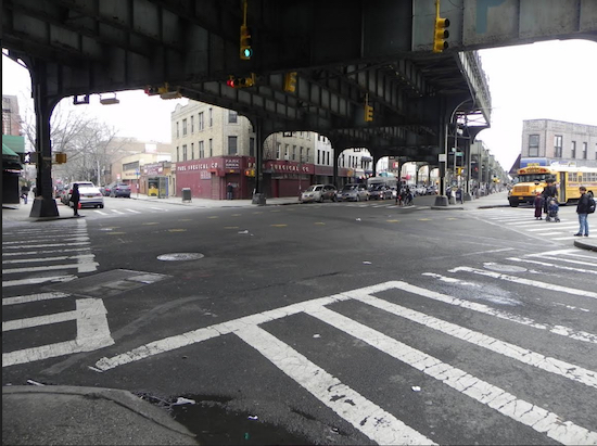 The Department of Transportation, which is installing safety features at Bensonhurst intersections, is also taking a look at the Borough Park corner where New Utrecht Avenue, 12th Avenue and 50th Street meet. Eagle photo by Paula Katinas