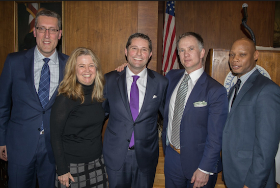 The Kings County Criminal Bar Association (KCCBA) officially installed Michael Cibella as president during a ceremony last Thursday. Pictured from left: Michael Farkas, immediate past president; Susan Mitchell, secretary; Cibella; Christopher Wright, executive vice president; and Darren Fields, treasurer. Eagle photos by Rob Abruzzese