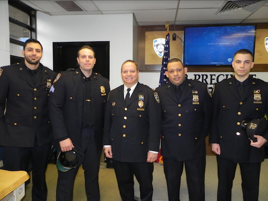 Capt. Joseph Hayward (center) says he could not be prouder of the actions taken by P.O. Sanad Musallan, Sgt. Nicholas Danna, P.O. Christian Aleman and P.O. Michael Pascale (left to right) during the dangerous situation involving an elderly woman and an erratic suspect. Eagle photo by Paula Katinas