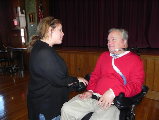 Det. Steven McDonald chatted with Stephanie Gabriele, the mother of a St. Patrick Catholic Academy student, during his visit to the school in Bay Ridge in November. McDonald died Tuesday after suffering a heart attack. He was 59 years old. Eagle file photo by Paula Katinas
