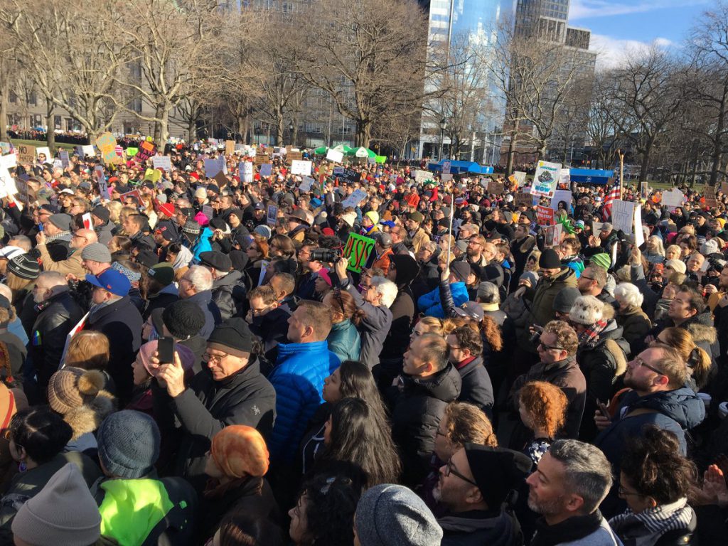Following protests at JFK and in Cadman Plaza Park in Brooklyn on Saturday, more than 10,000 marched in Battery Park in lower Manhattan on Sunday.  Photo courtesy of the office of Mayor Bill de Blasio
