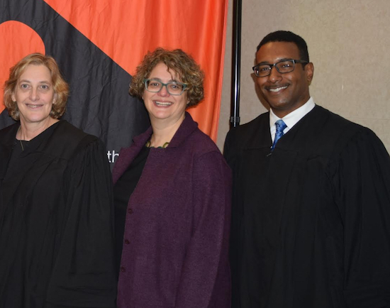 Judge Judith Waksberg (left) was appointed to the Kings County Family Court by Mayor Bill de Blasio on Wednesday and Judge Ben Darvil Jr. (right), was re-appointed to Kings County Civil Court. Also pictured center is Hon. Amanda White, supervising judge of the Kings County Family Court. Eagle photos by Rob Abruzzese