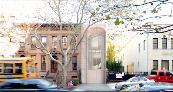 The city Landmarks Preservation Commission has approved with minor modifications the design for a new house (it's the one with a two-story arched window) to be built at 311 Vanderbilt Ave. Rendering by Ramona Albert Architecture P.C. via the Landmarks Preservation Commission
